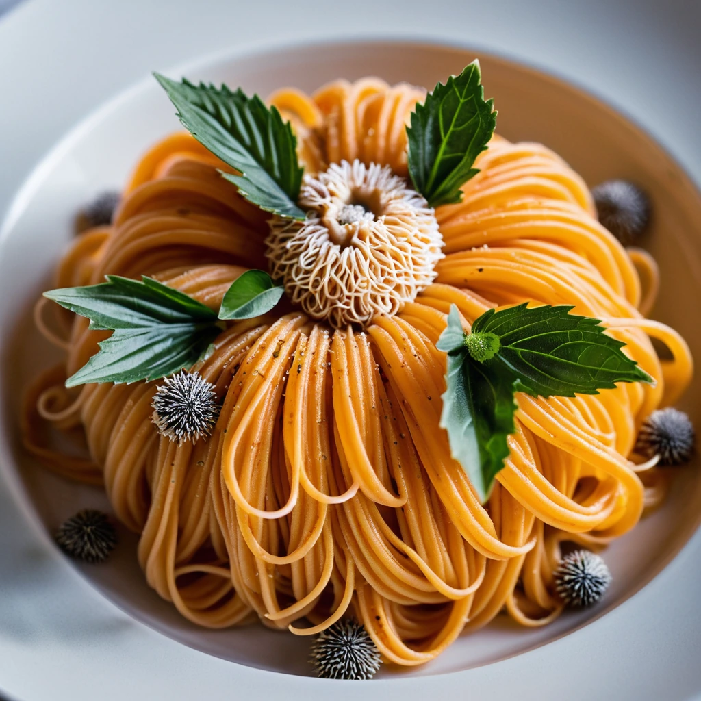 golden pasta in a creamy sauce, dotted with orange sea urchin roe, served in a shallow white bowl