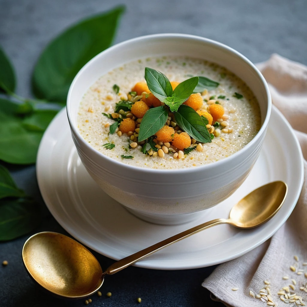 Golden semolina porridge in a white bowl, garnished with mustard seeds and curry leaves.