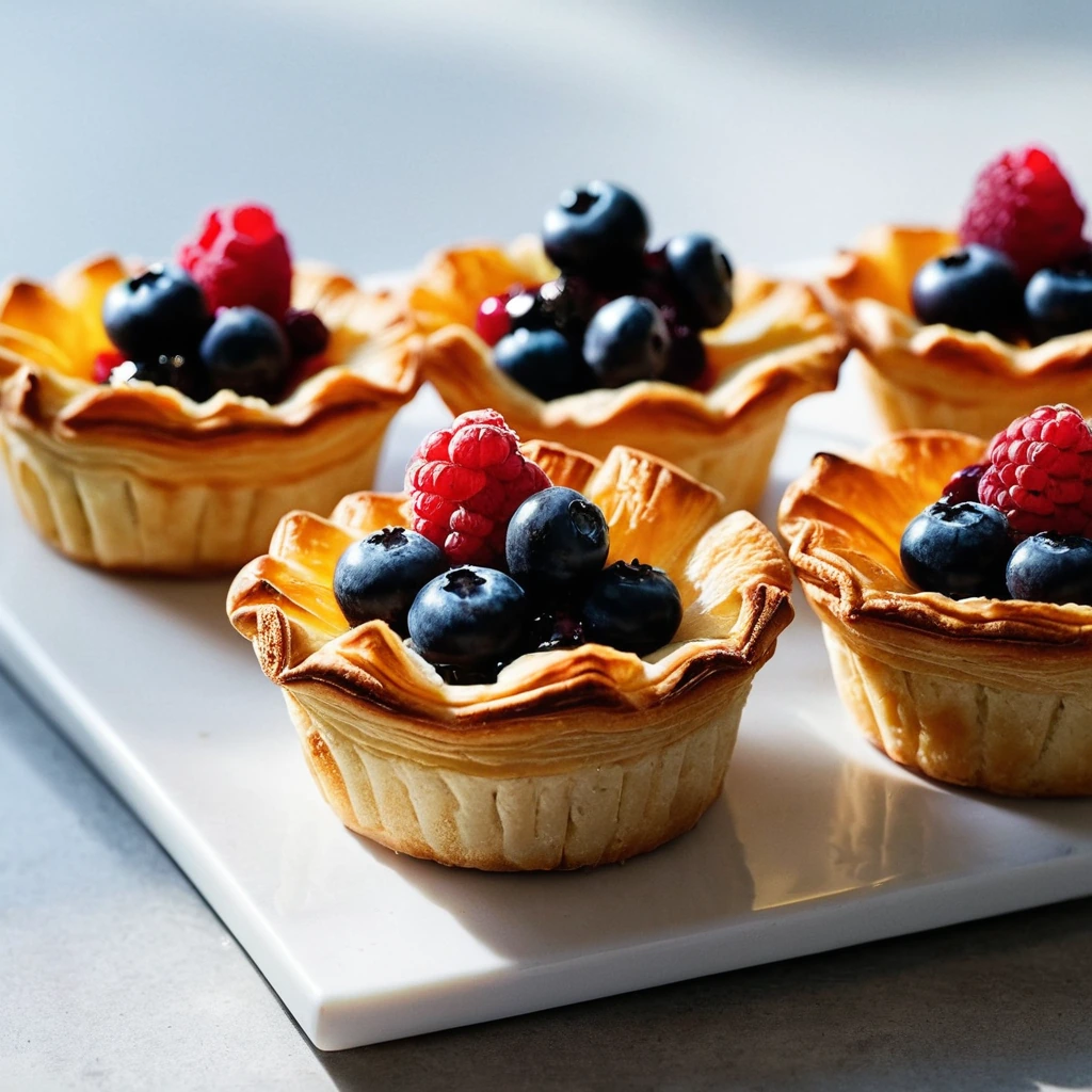 Six individual tarts in a muffin tin with caramelized fruit topping and puffed golden pastry.