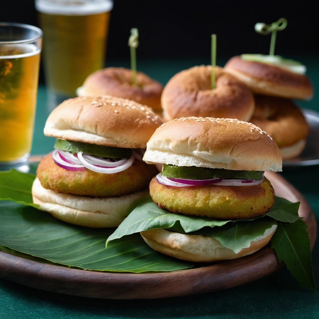 Golden vada patties in soft buns with green and red chutneys on a plate