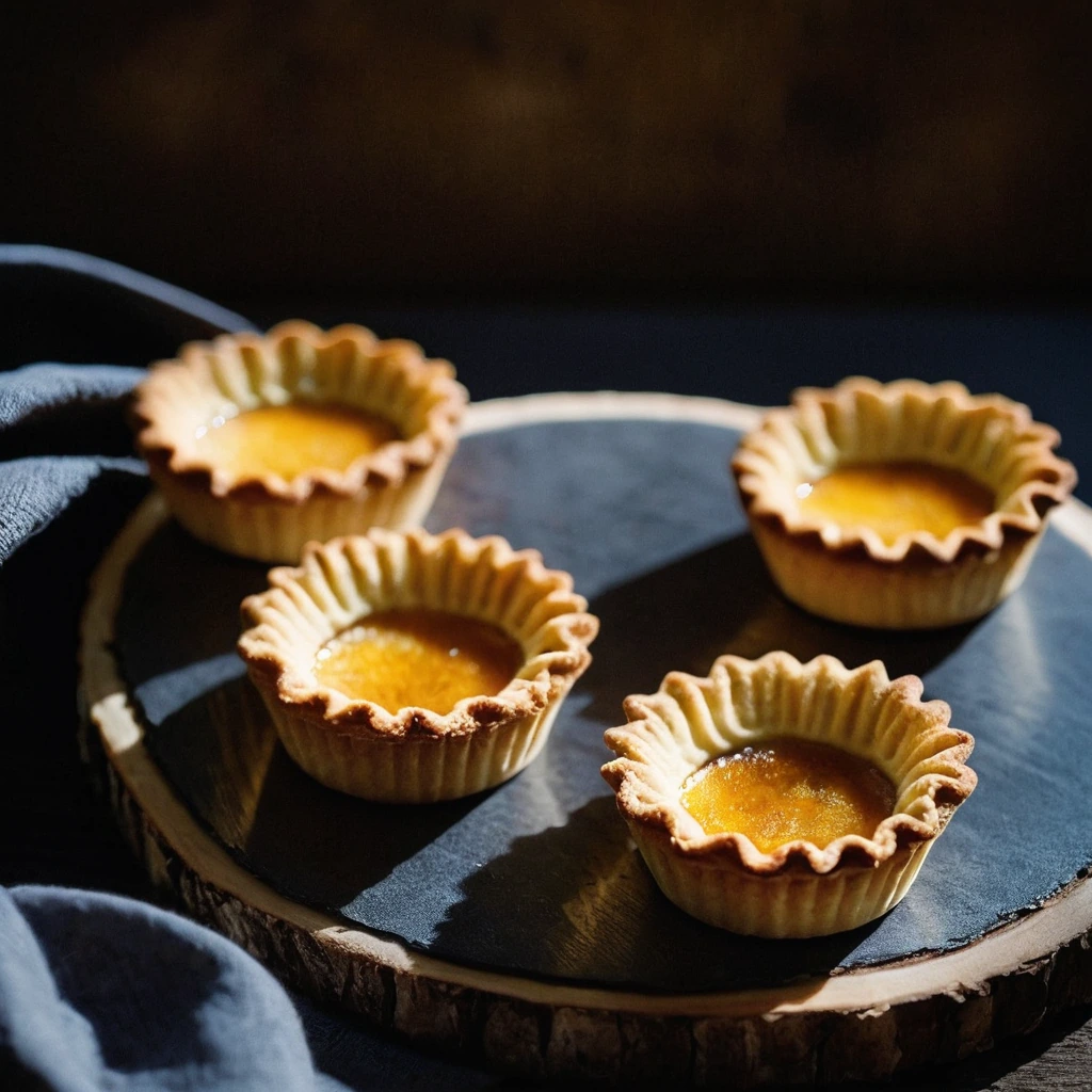 Golden brown tartlets with a shiny caramelized top, sitting on a rustic wooden board.