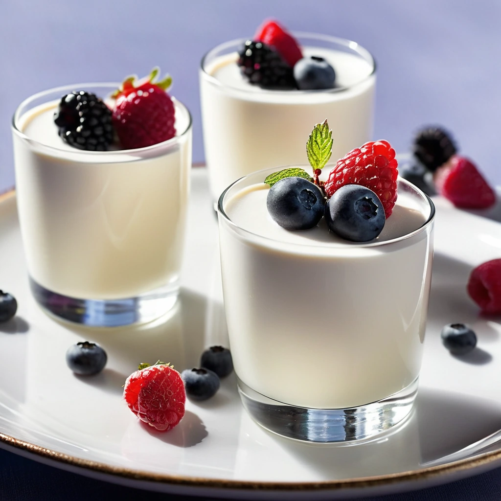 Creamy white panna cotta cups with a colorful swirl of mixed berries on top, served in small glass dishes.