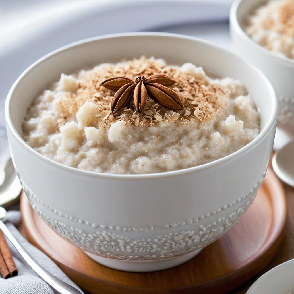 Golden brown cinnamon sugar sprinkled over creamy vanilla rice pudding in a white bowl.