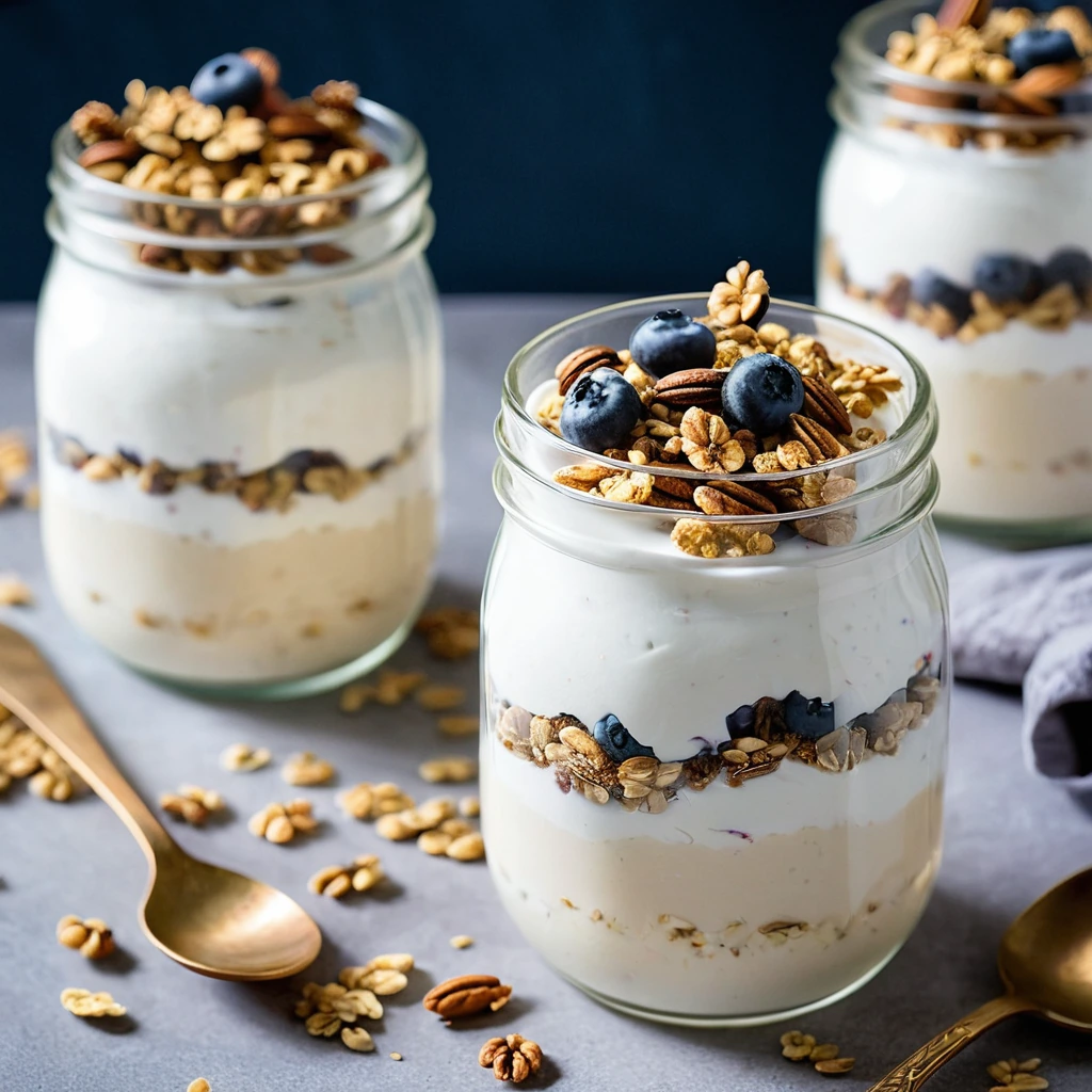 Layers of creamy white yogurt and golden granola in clear glass jars.