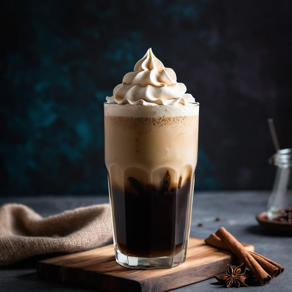 Tall glass with creamy beige layer atop dark coffee, garnished with cinnamon.