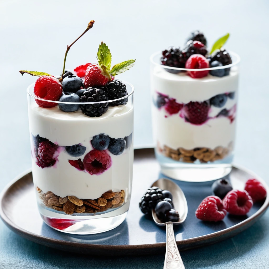 Layers of creamy white yogurt and vibrant roasted berries in a clear glass.