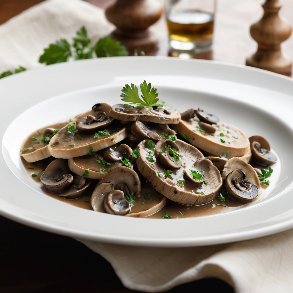 Veal slices in a rich brown sauce with mushrooms on a white plate, sprinkled with green parsley.