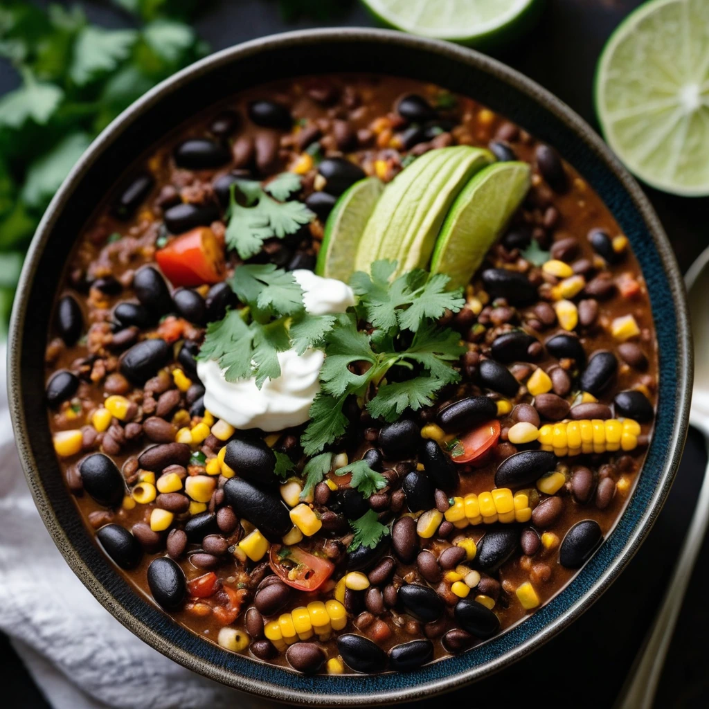 Steaming bowl of chili with black beans, corn, and diced tomatoes, garnished with fresh cilantro.