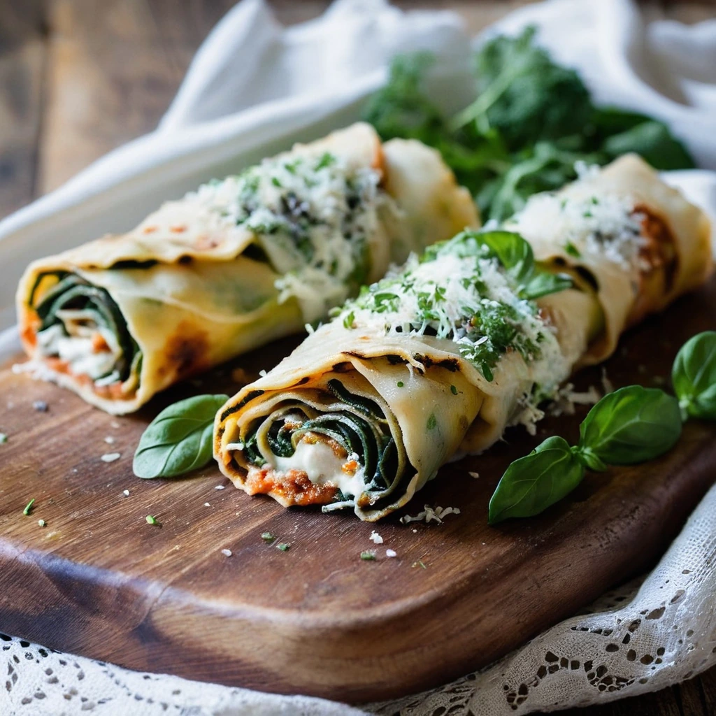 A plated serving of Vegetable Lasagna Roll Ups