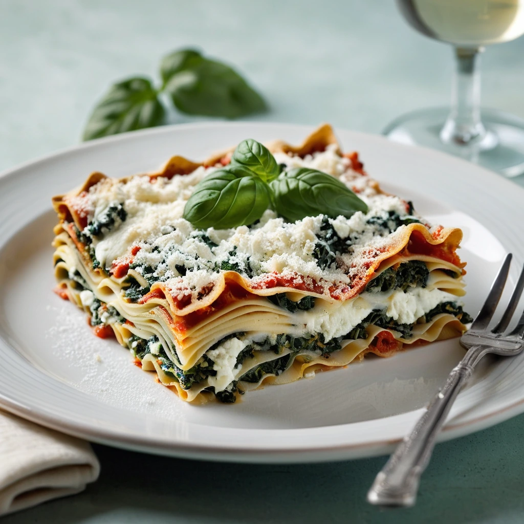 Rectangular baking dish with layers of lasagna, ricotta, spinach, and marinara, topped with melted cheese and fresh basil.