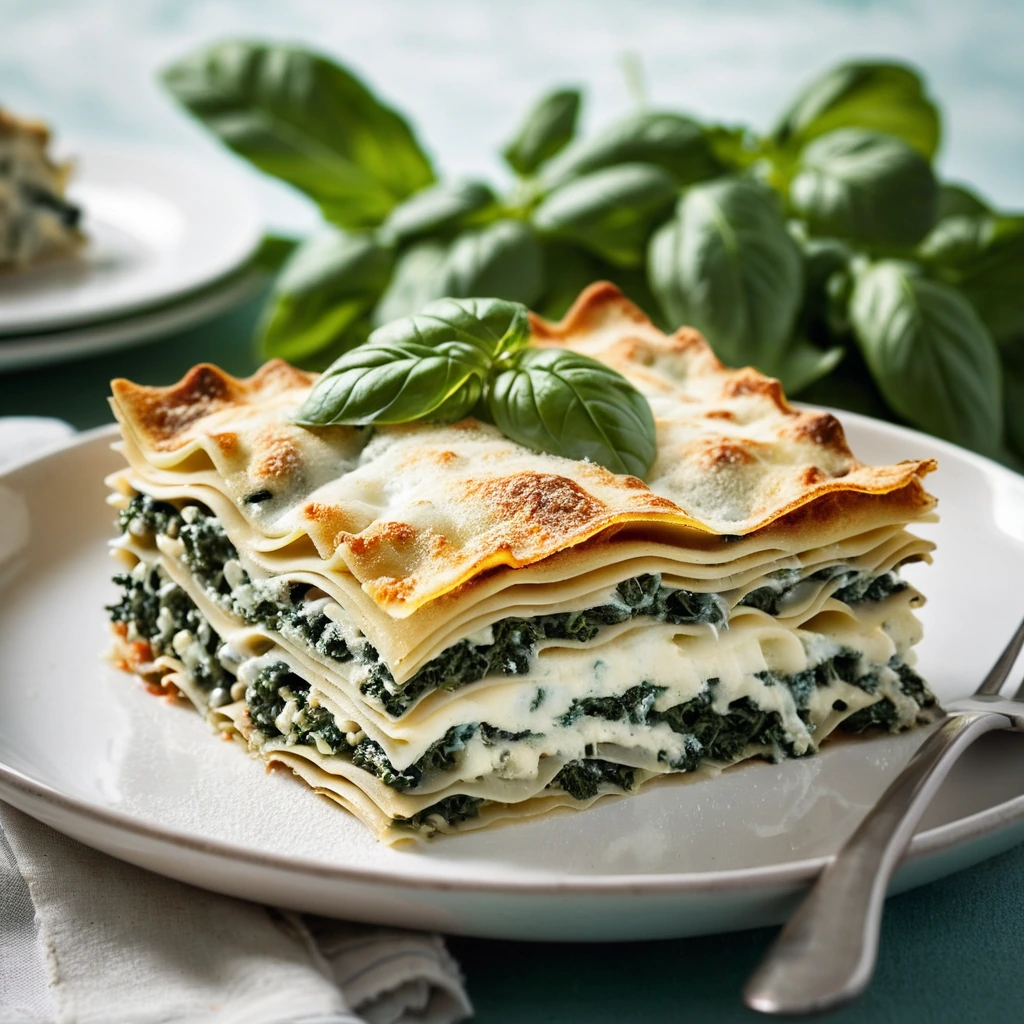 Golden bubbly lasagna in a baking dish, topped with melted mozzarella and fresh basil leaves.