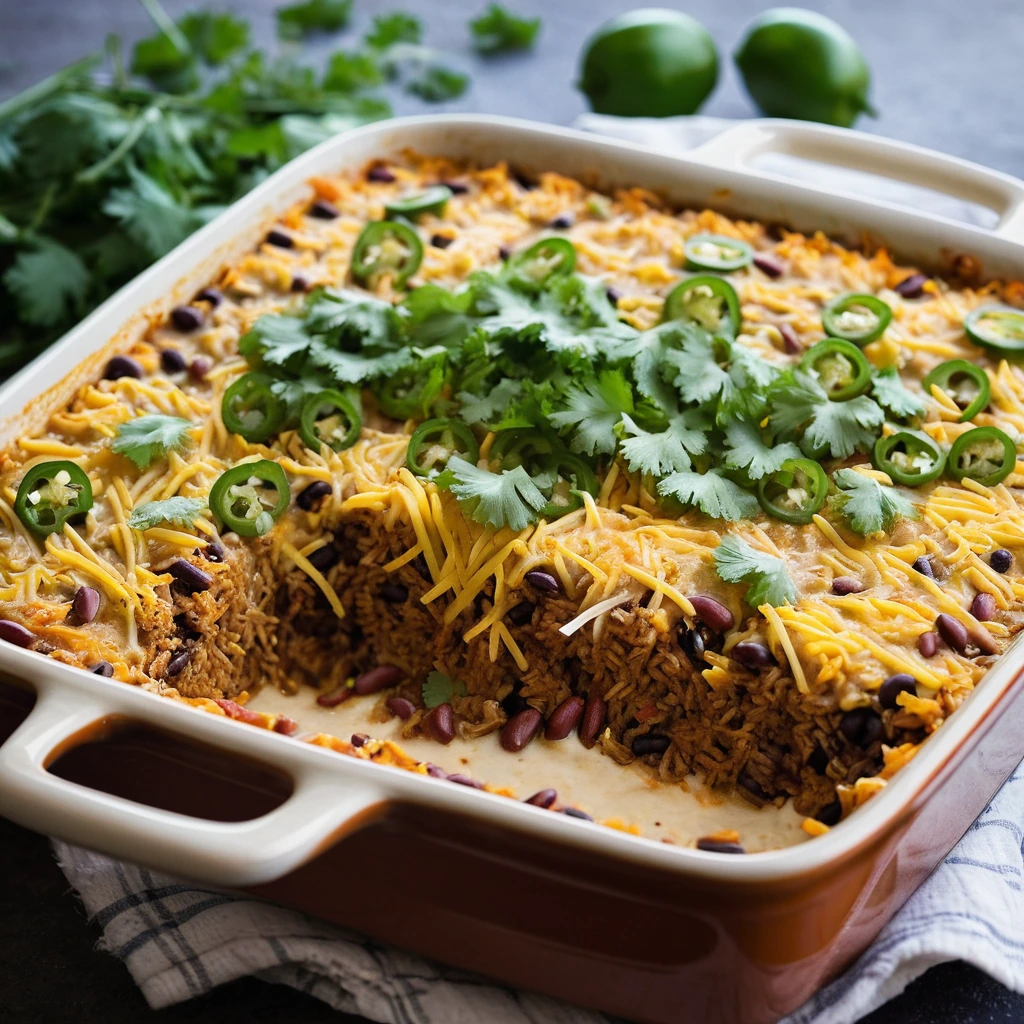 Golden casserole in a baking dish topped with melted cheese and green onions.