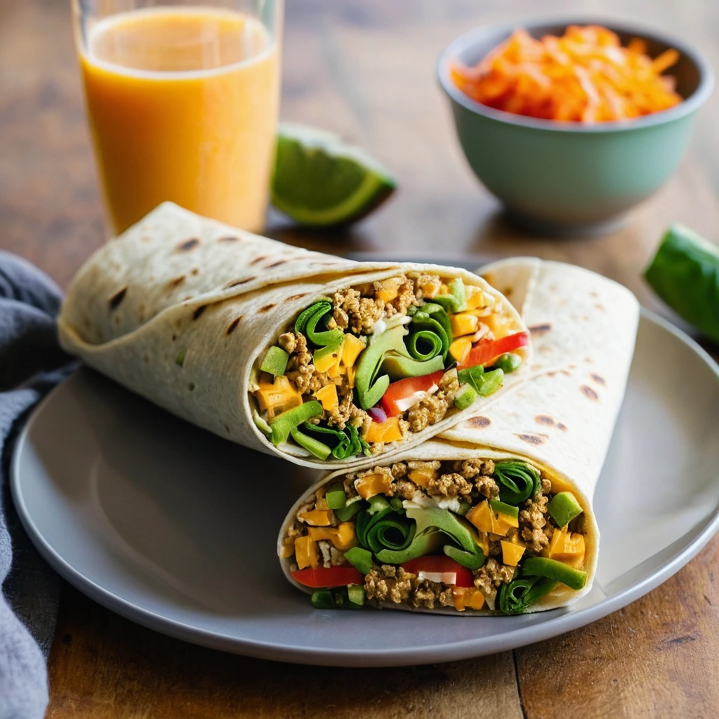 Two folded breakfast burritos on a plate with green and red veggies peeking out, dusted with melted orange cheddar.
