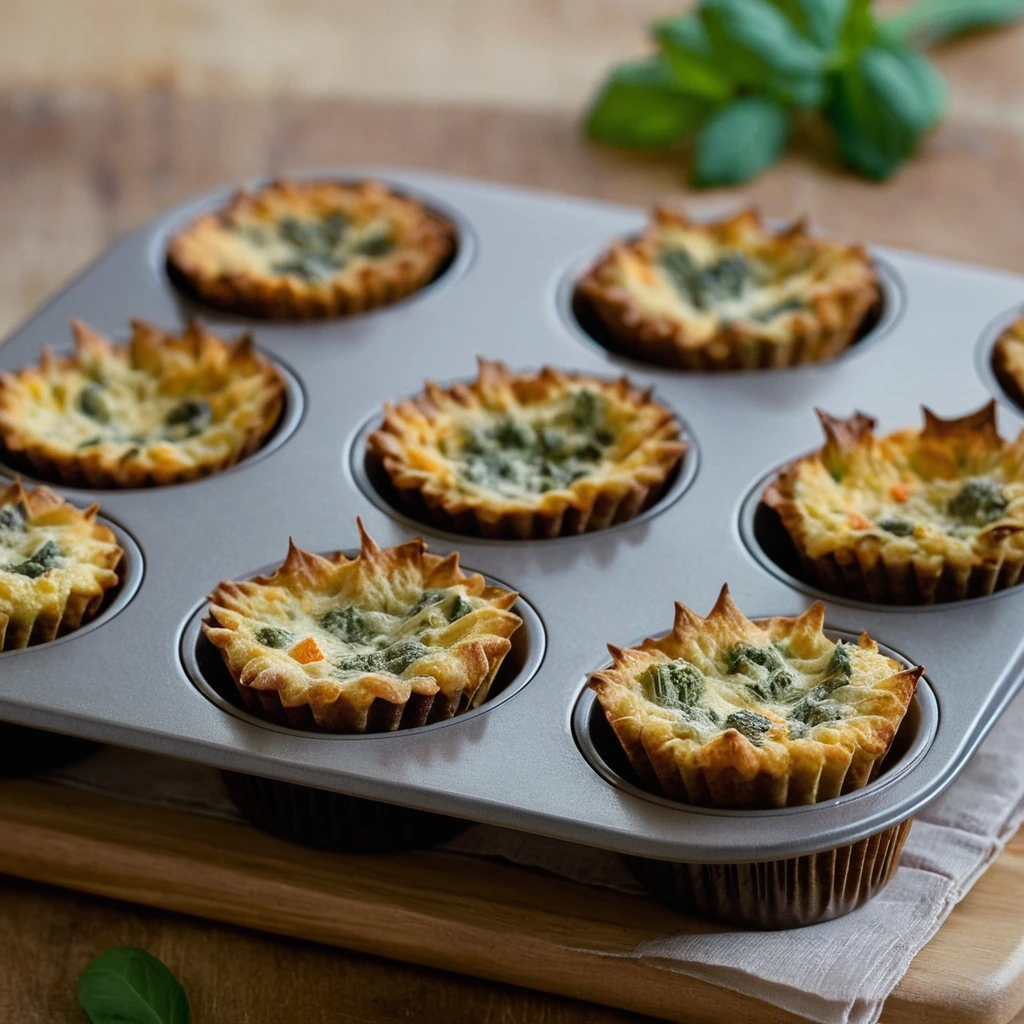Muffin tin filled with golden-brown, veggie-packed cups topped with melted cheese, arranged on a rustic wooden tray.