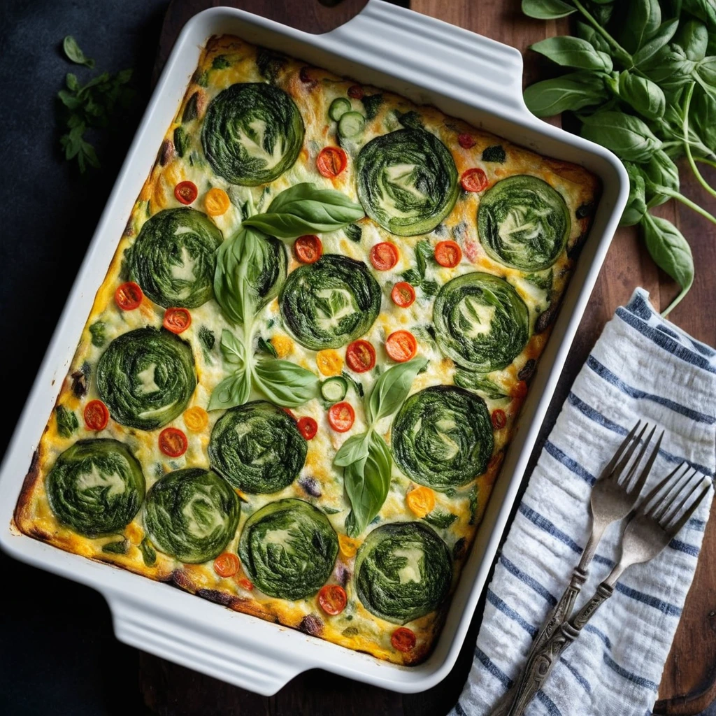 A rustic sheet pan frittata with vibrant veggies and melted cheese, served in a rectangular baking dish.