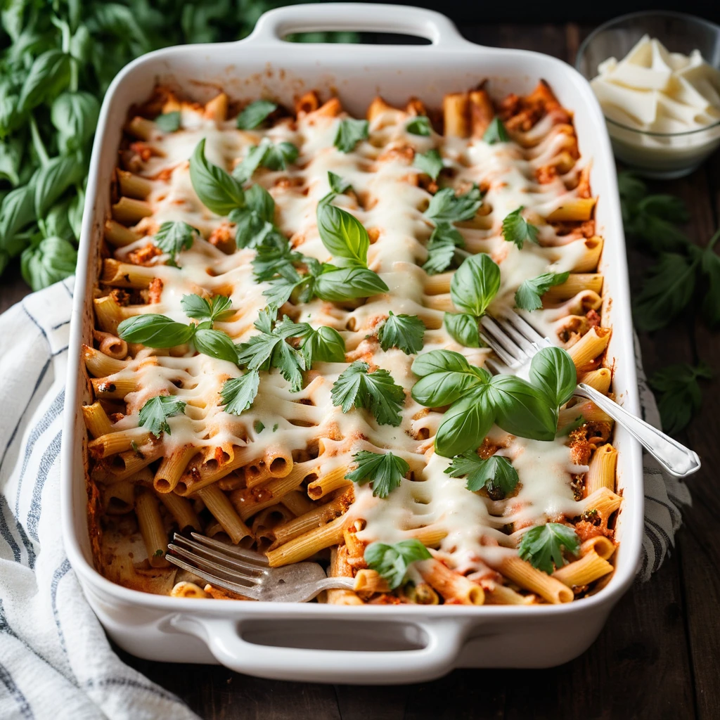golden brown baked ziti topped with melted mozzarella and a sprinkle of parsley in a rectangular baking dish