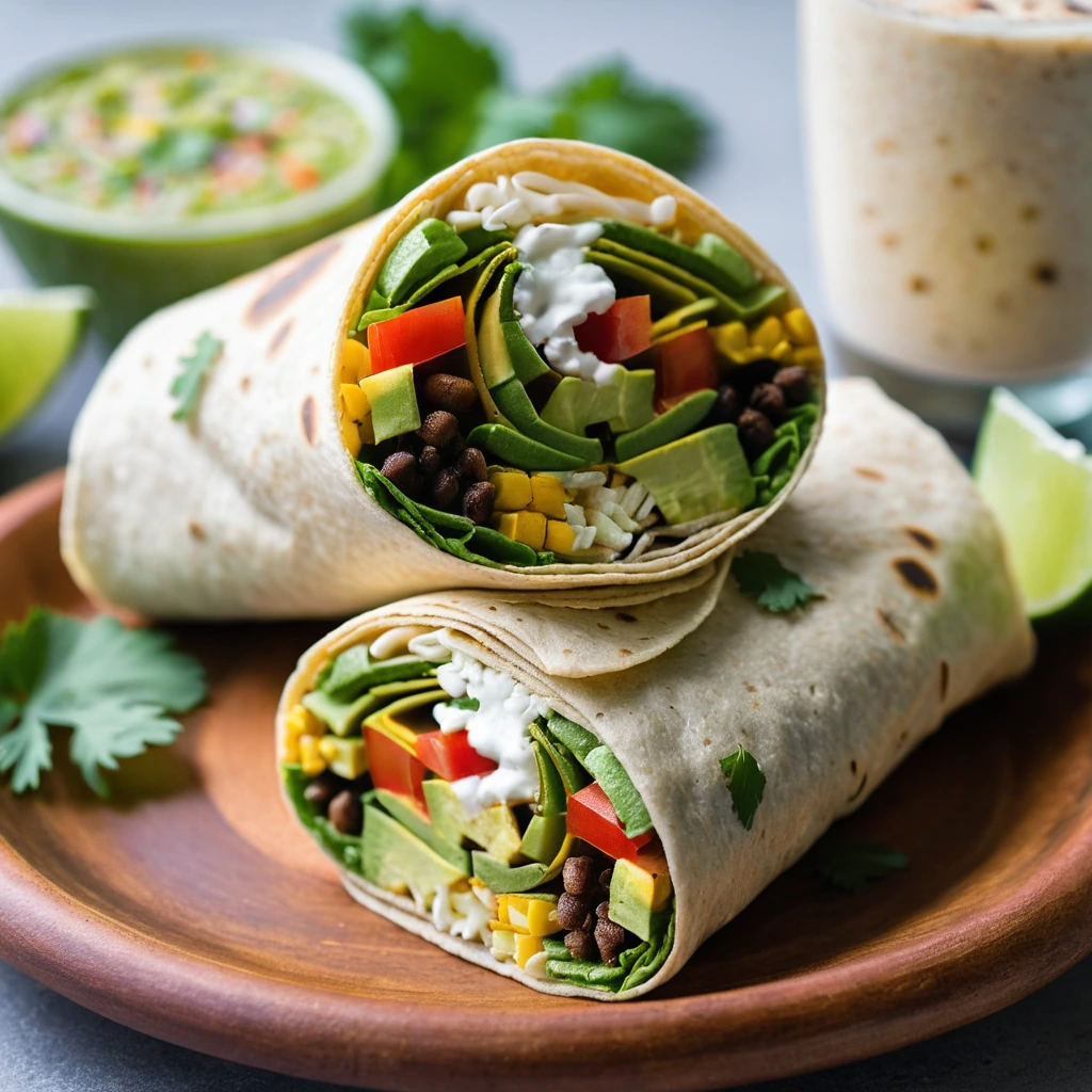 Colorful breakfast burritos stuffed with veggies in a warm tortilla, garnished with fresh cilantro.