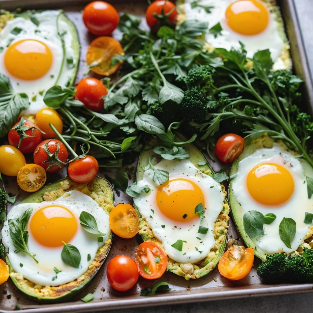 Colorful roasted vegetables and runny eggs on a sheet pan, garnished with fresh herbs.