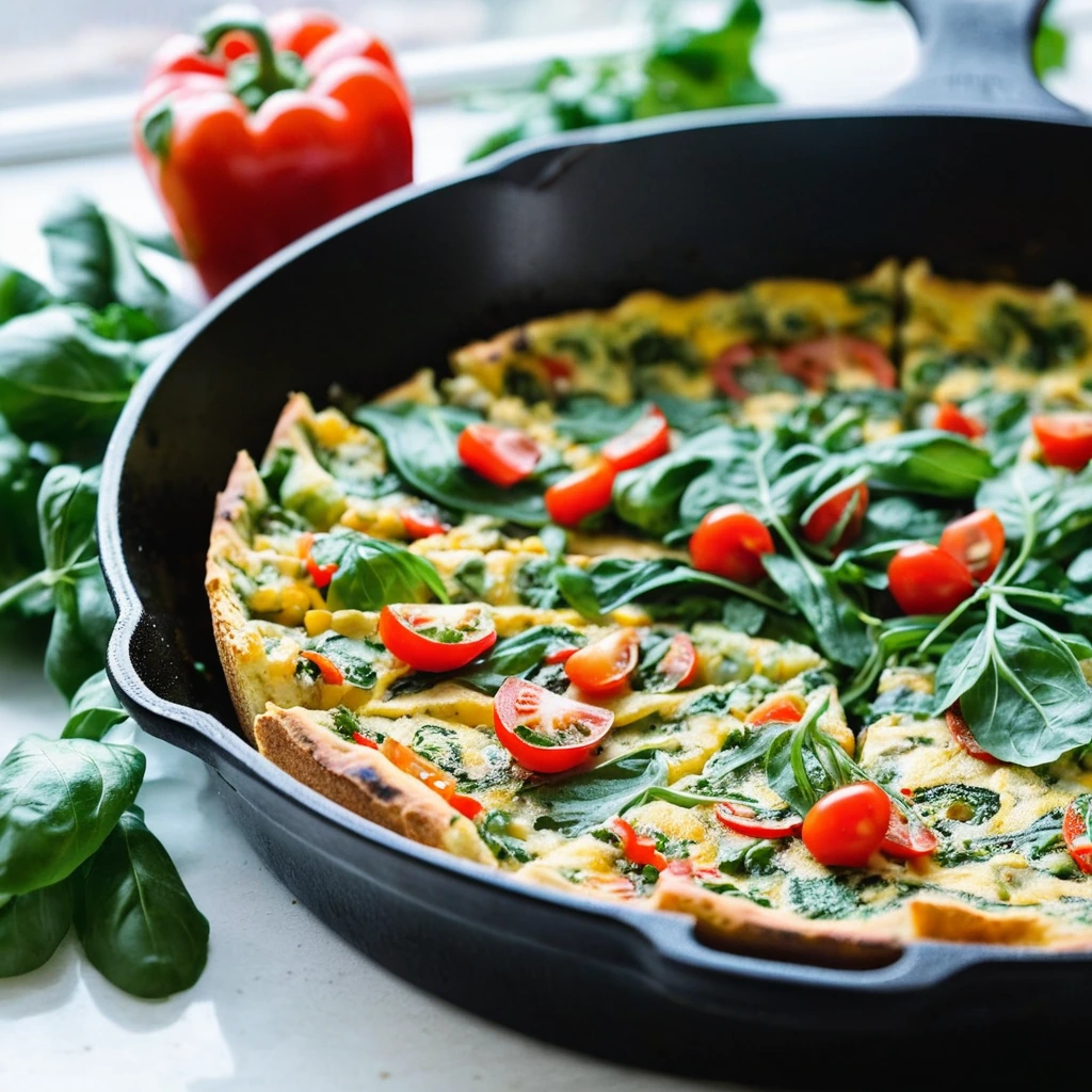 Golden frittata in a cast iron skillet, topped with vibrant green spinach, red bell pepper, and diced tomatoes.