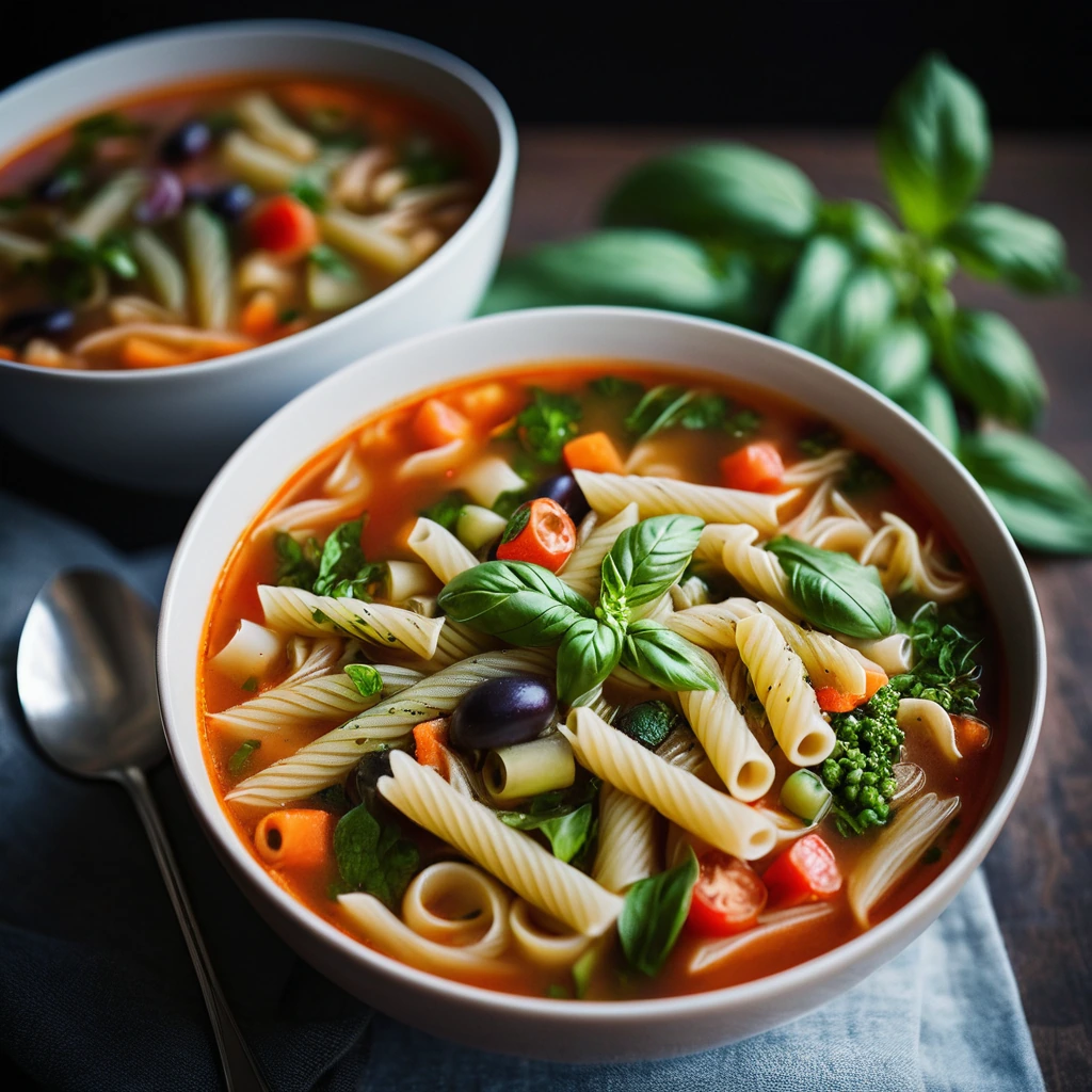 Steamy bowl of colorful minestrone soup with pasta, beans, and vegetables, topped with fresh basil.