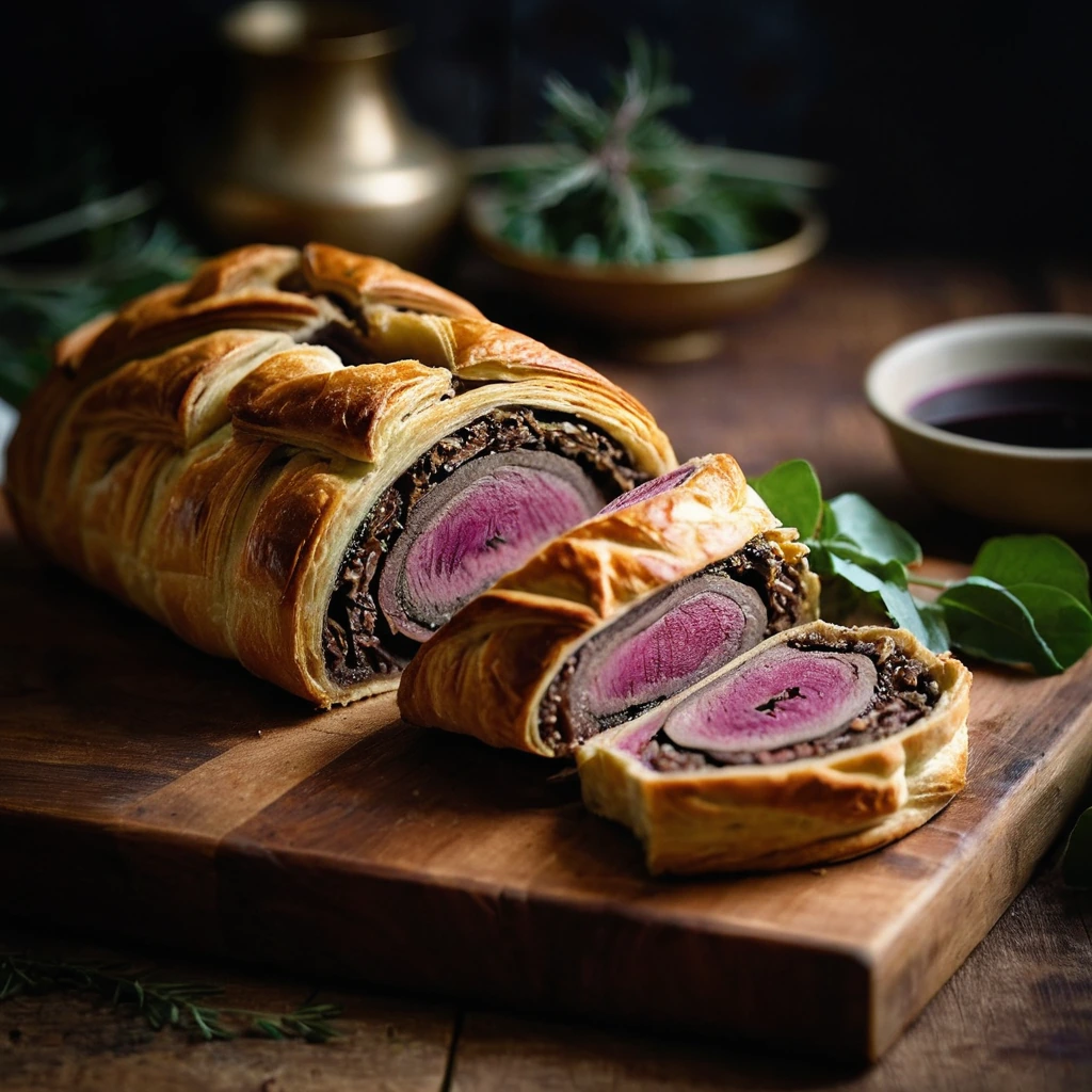 Golden brown puff pastry wrapped venison loaf sliced, revealing a rich brown filling, served on a rustic wooden board.