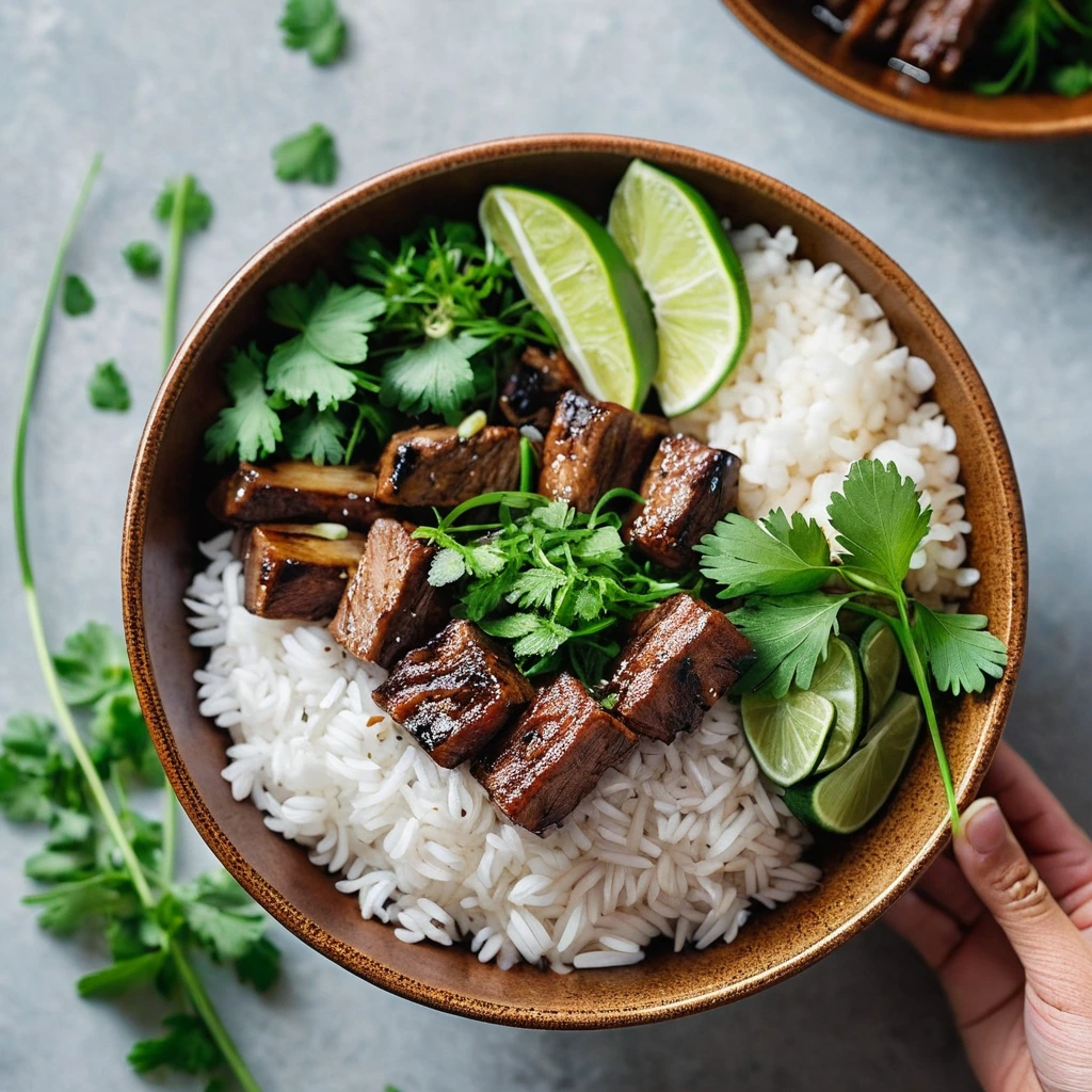 A bowl with caramelized pork slices over jasmine rice and a vibrant mix of fresh herbs