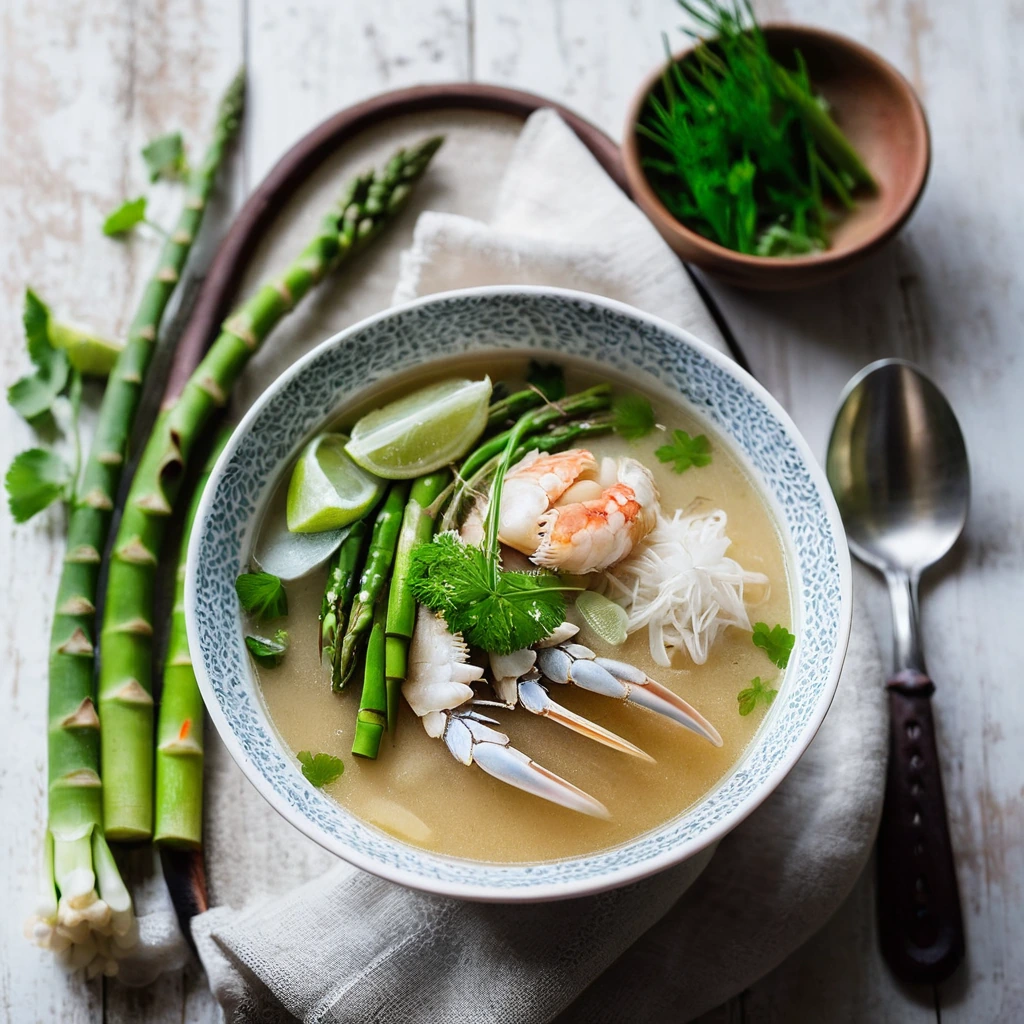 A plated serving of Vietnamese Crab and Asparagus Soup