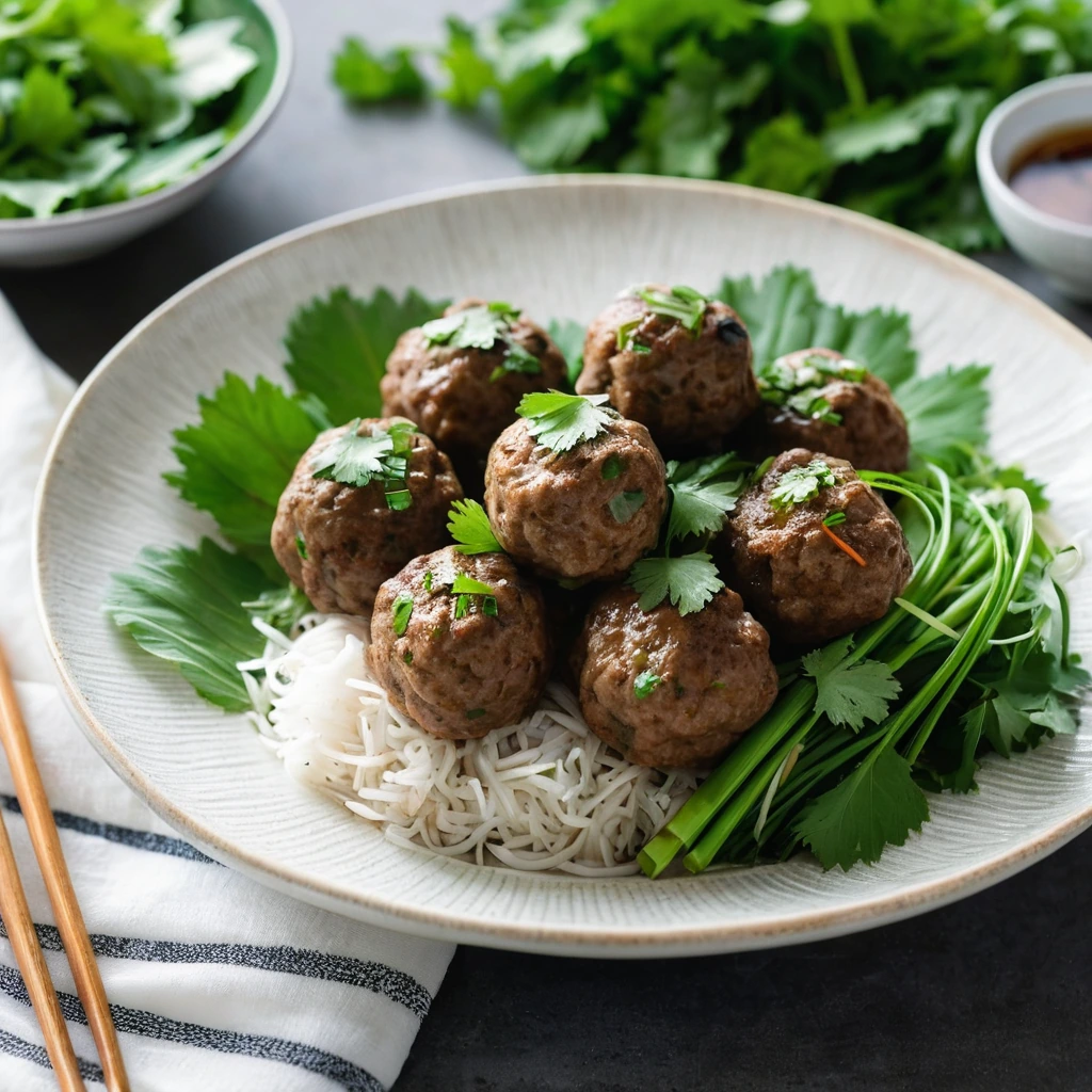 A plate of golden brown meatballs garnished with fresh cilantro on a bed of vibrant greens