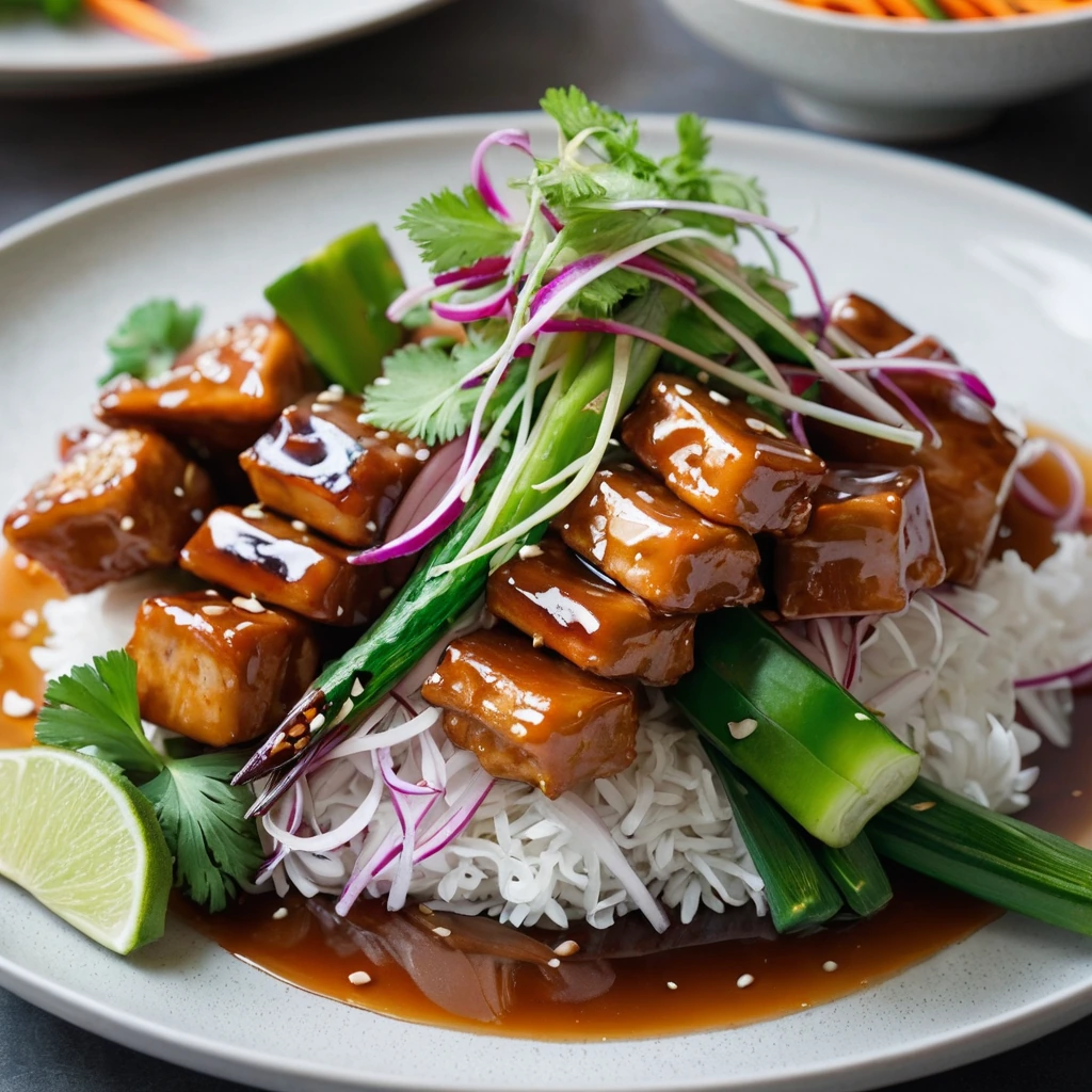 Shiny caramel-glazed chicken pieces atop a bed of vibrant pickled vegetables on a white plate.