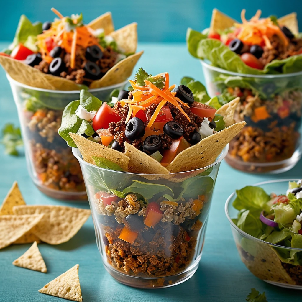 Colorful salad piled high in Dorito cups, with layers of ground beef, beans, lettuce, and tomatoes.