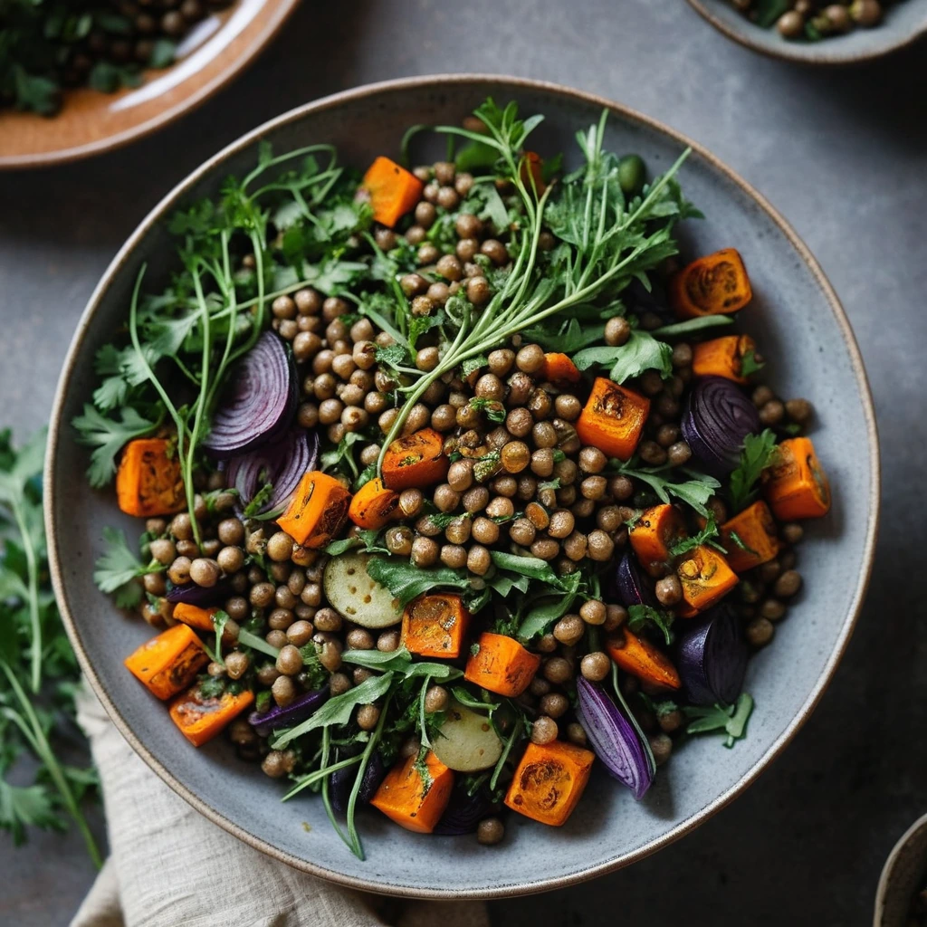 Bowl of warm salad with golden roasted vegetables and green lentils topped with fresh herbs