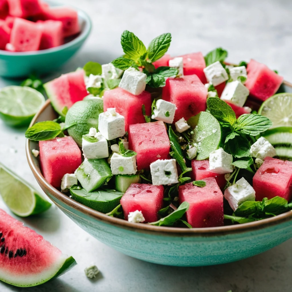Colorful salad in a bowl with vibrant pink watermelon cubes, white feta cheese crumbles, and green mint leaves, drizzled with lime.