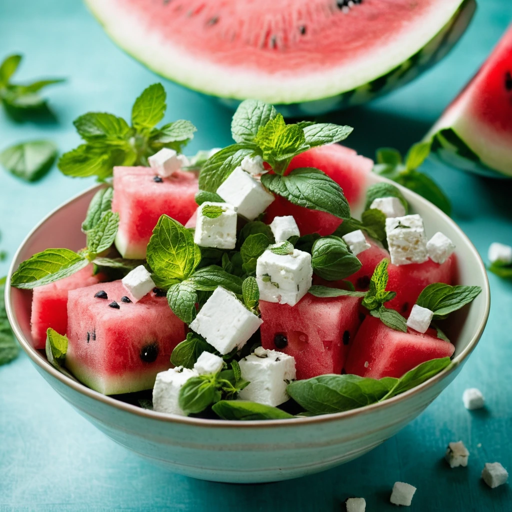 Colorful salad with cubes of red watermelon, crumbled white feta, and fresh green mint leaves in a bowl.