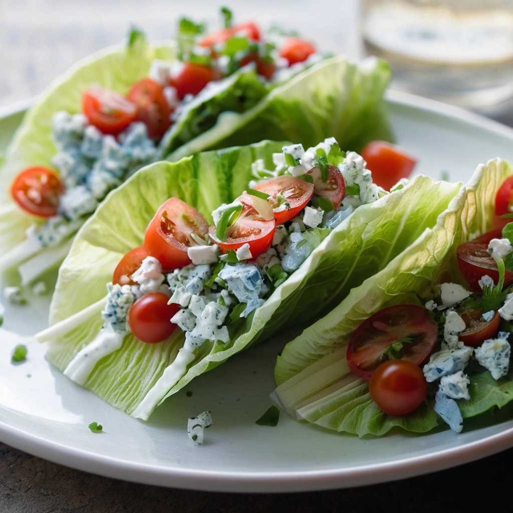 crisp iceberg lettuce wedges topped with crumbled blue cheese, crispy bacon, diced tomatoes, and drizzled with creamy dressing