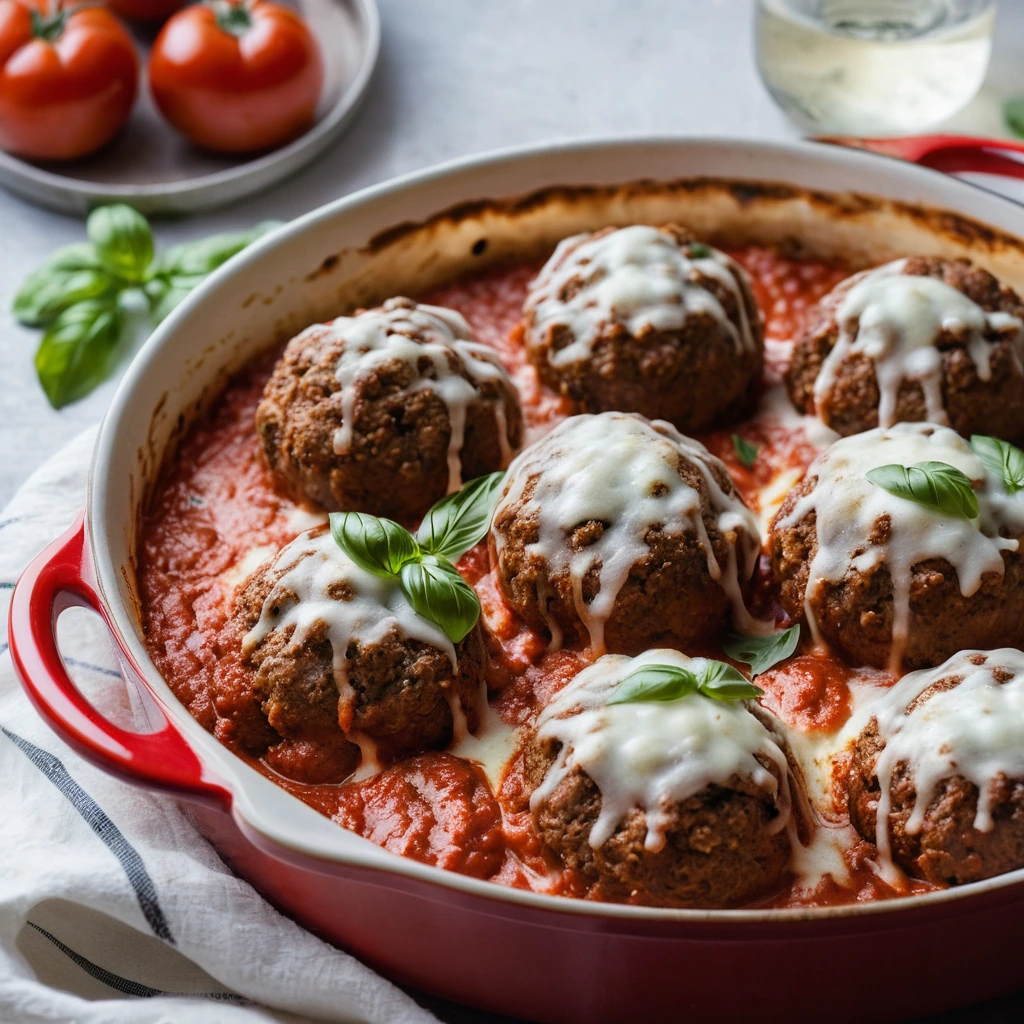 Baked meatballs in a red sauce, topped with melted mozzarella, served in a baking dish.