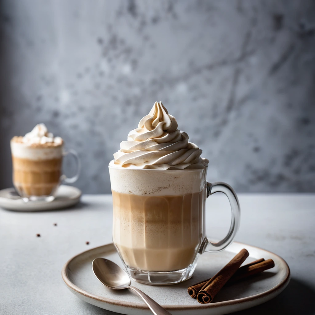 A glass with a thick layer of creamy tan whipped coffee atop a swirl of steamed milk, dusted with cinnamon.