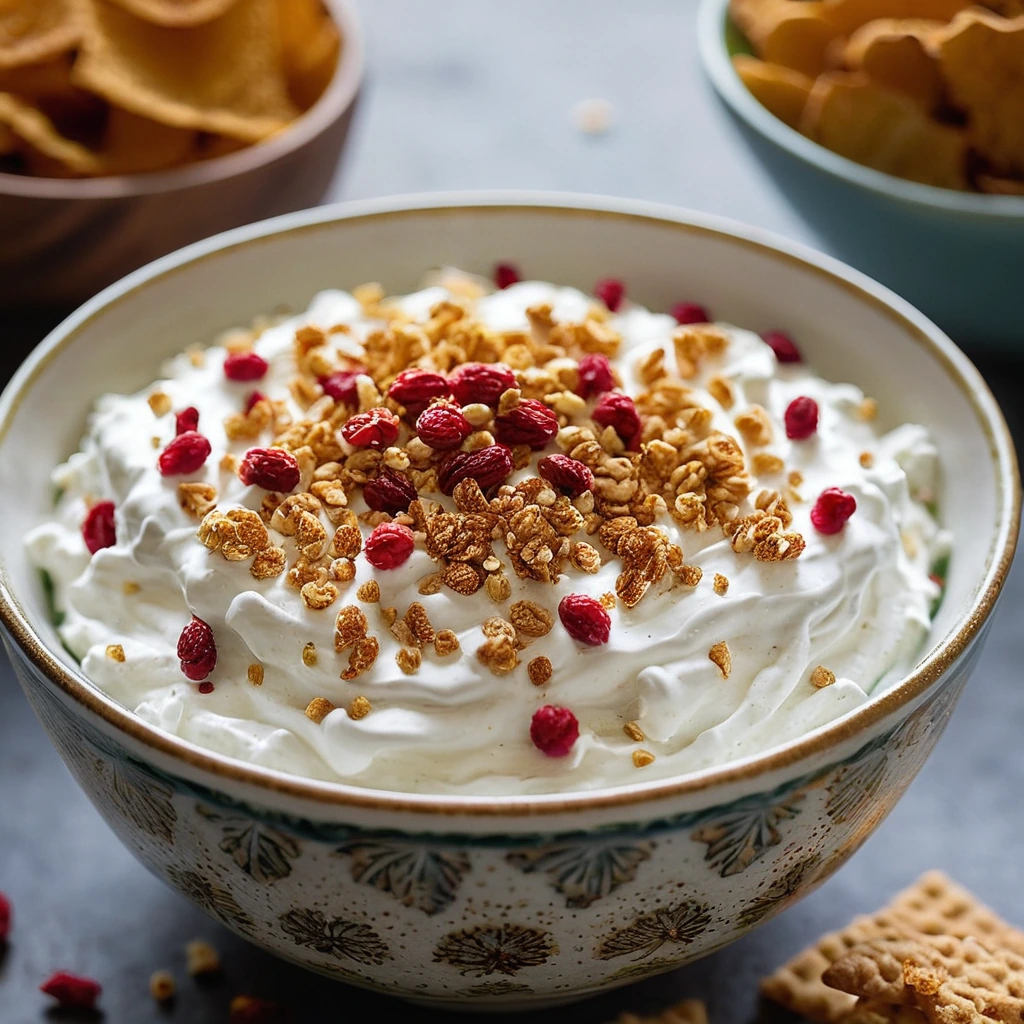 Bowl of creamy white dip with golden drizzles and red chili flakes sprinkled on top, served with fresh vegetables.