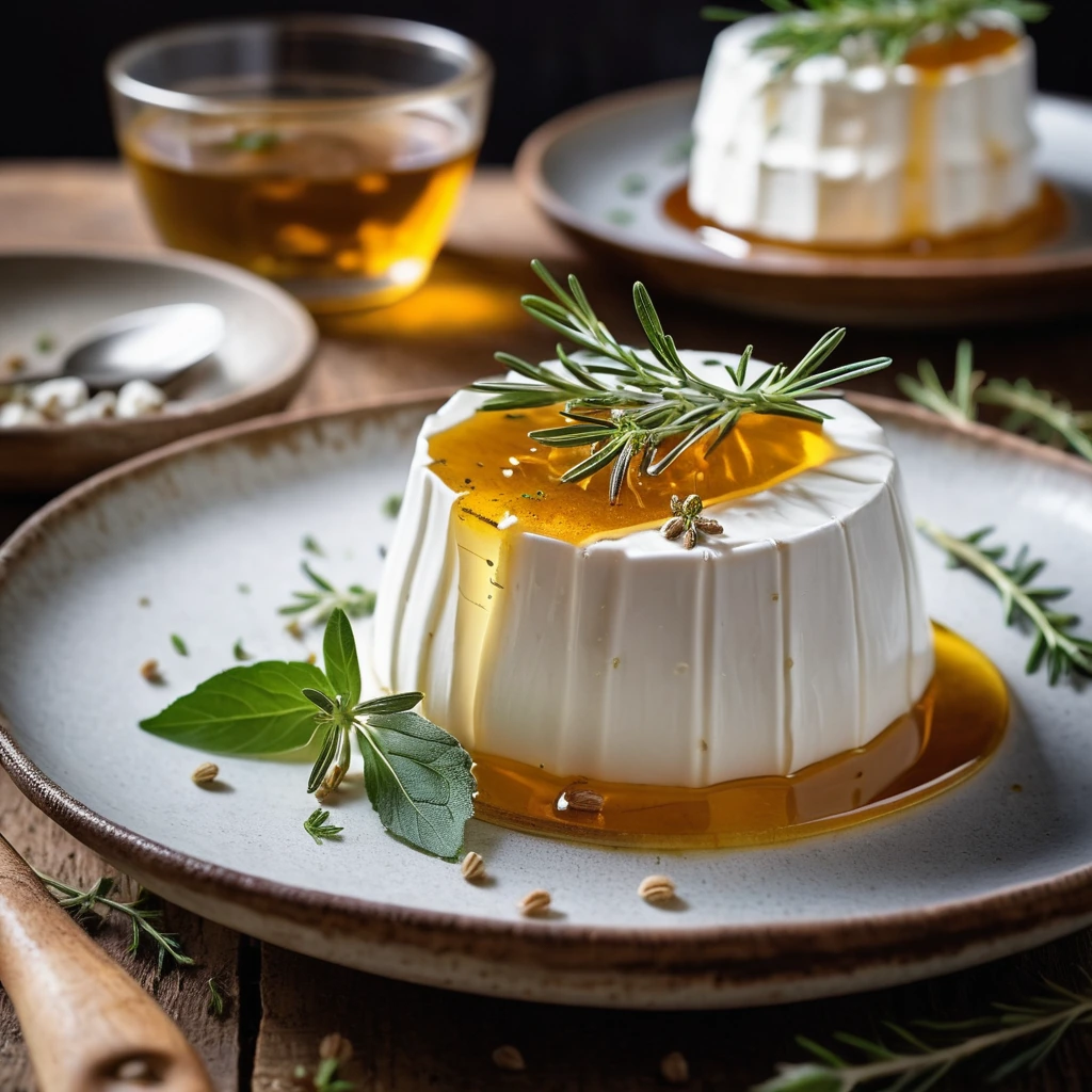 Whipped goat cheese in a small bowl topped with a drizzle of honey and fresh thyme leaves on a rustic wooden board.