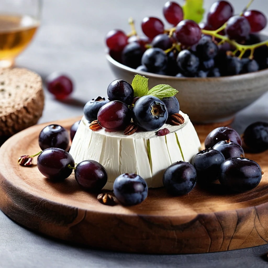 White whipped goat cheese drizzled with honey and sprinkled with thyme, served alongside a bowl of dark roasted grapes on a rustic wooden board.