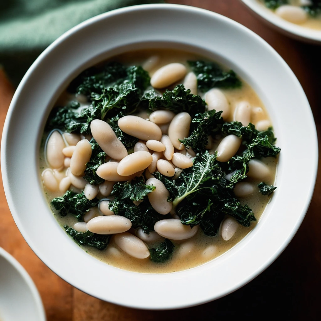 Steaming bowl of vibrant green kale and creamy white beans in a rustic orange bowl.