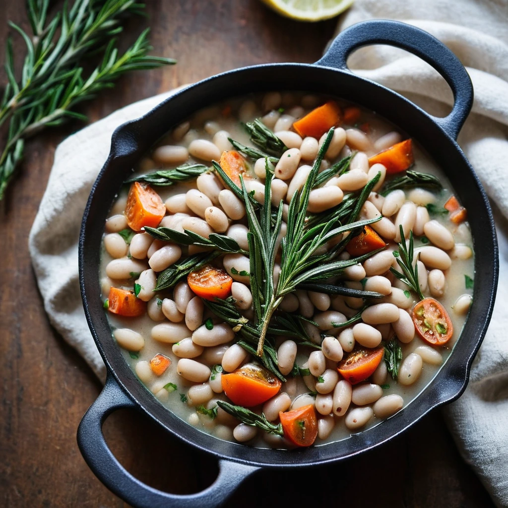 Rustic skillet filled with white beans and vegetables, sprinkled with fresh rosemary and a drizzle of olive oil.
