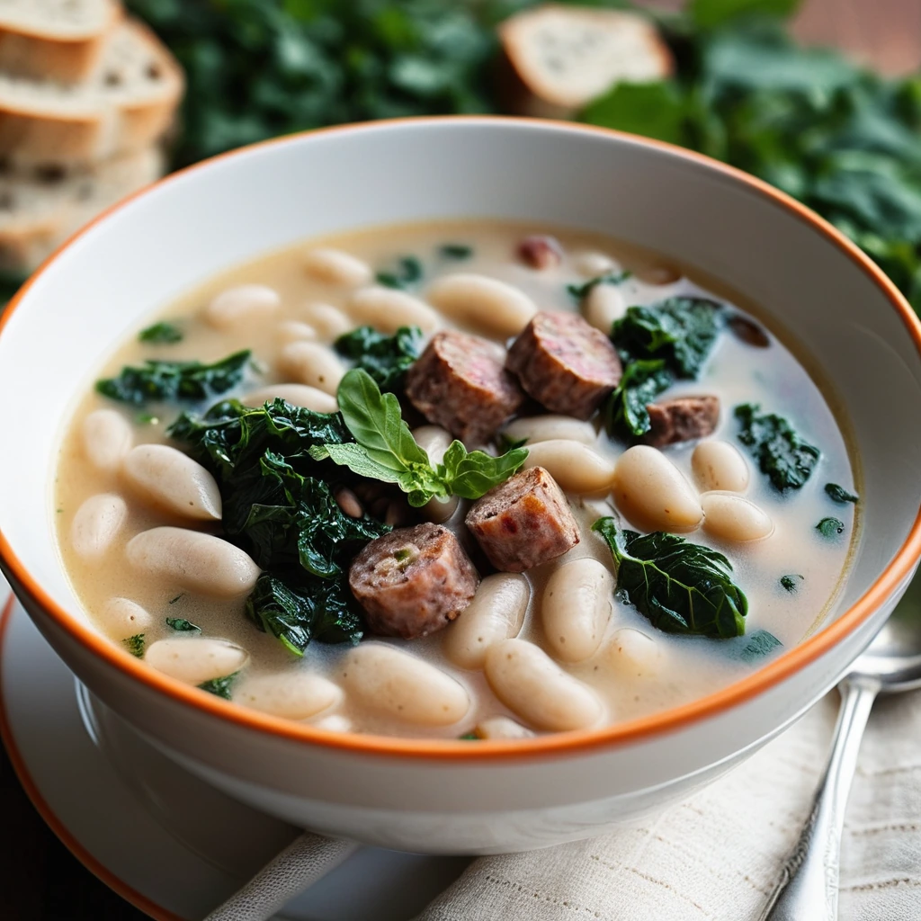 Rustic bowl of white bean soup with green kale and sausage chunks, drizzled with olive oil.