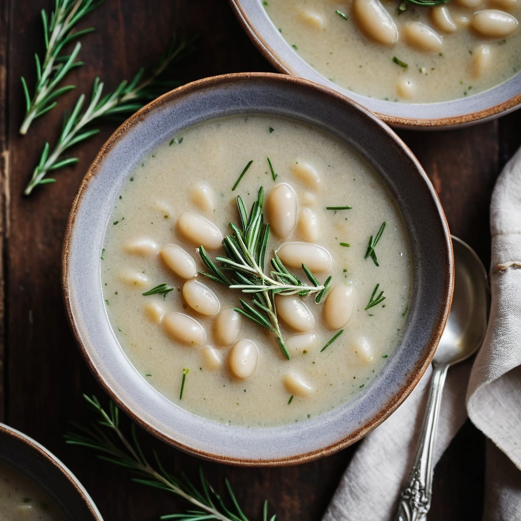 Creamy white beans in a golden broth, sprinkled with fresh rosemary and garlic cloves in a rustic bowl.