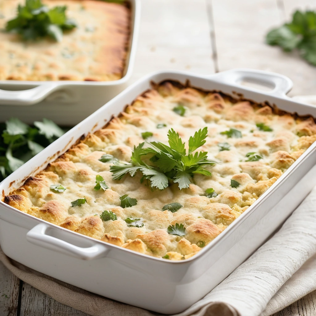 Golden cornbread topping over a creamy white chicken chili casserole in a baking dish, sprinkled with fresh cilantro.