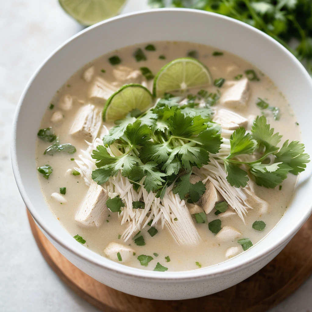 Steaming bowl of white chicken chili with green cilantro and lime wedges on the side