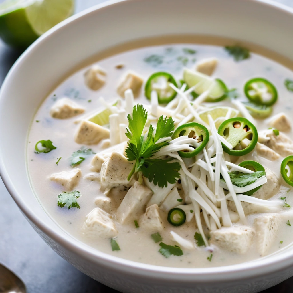 Steaming bowl of creamy white chili with shredded chicken, topped with melted Monterey Jack cheese and lime wedges.