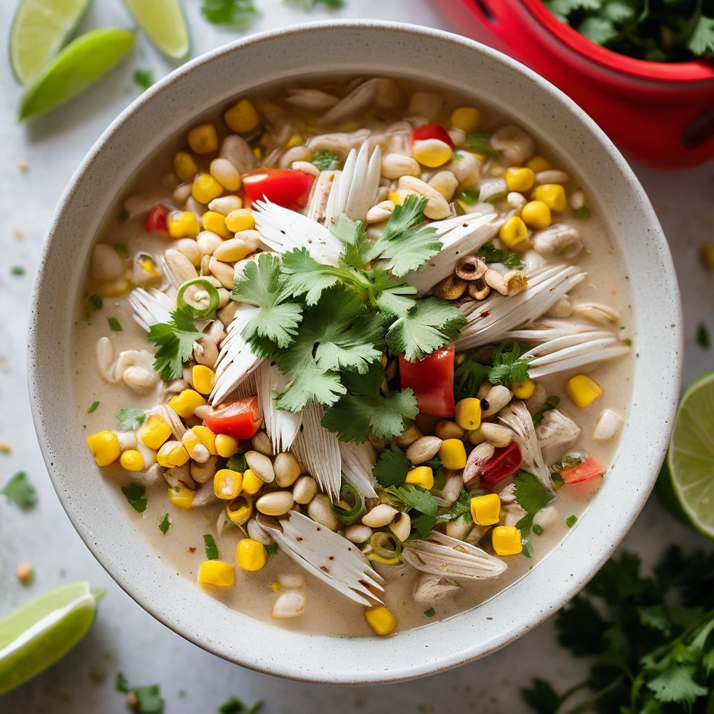 Steaming white chili in a bowl topped with green cilantro and diced red pepper.