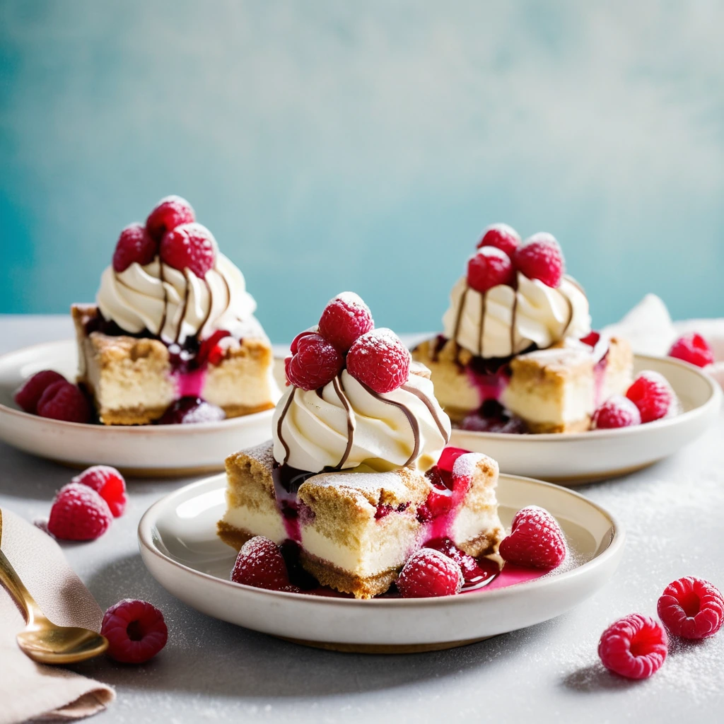 Warm blondie squares in bowls topped with fresh raspberries and white chocolate shavings, served with a scoop of vanilla ice cream