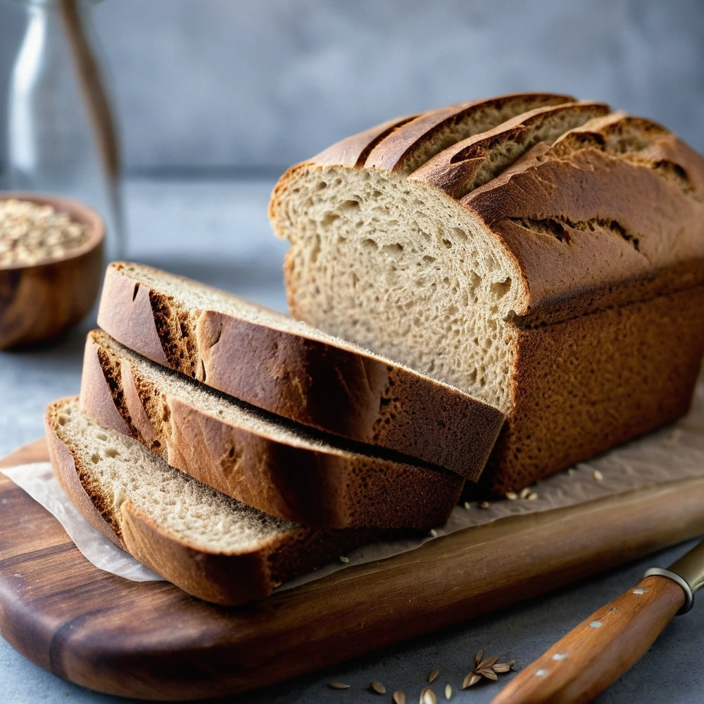 A warm loaf of golden whole wheat bread sliced and fanned out on a rustic wooden board.