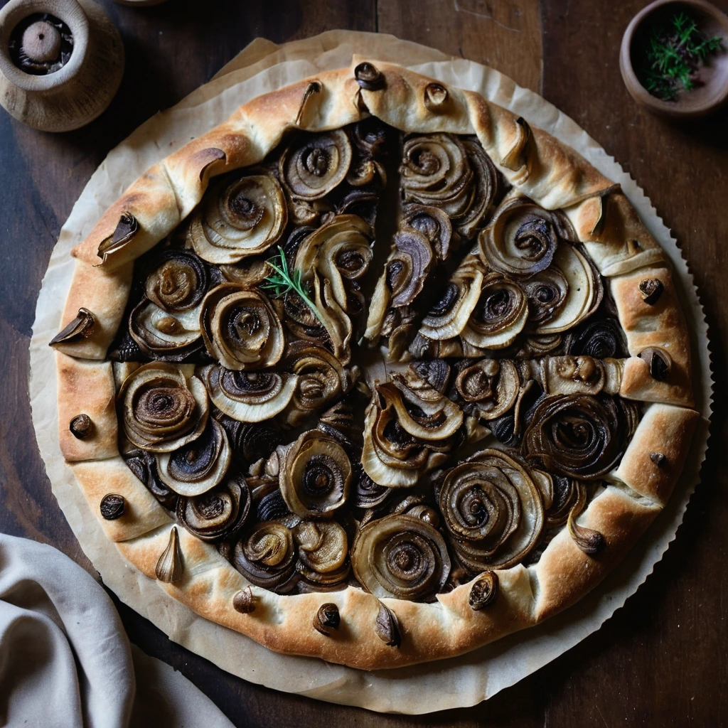Rustic golden galette with caramelized onions and mushrooms arranged in a rustic pattern on a wooden board.